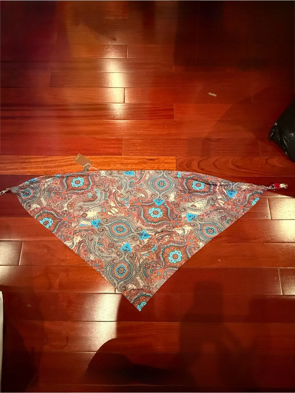 Red Paisley Handkerchief Scarf with Blue Paisley Accent and Beaded Detail